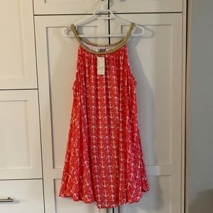 NWT Anchor Print Dress/Coverup with Gold Braided Neckline and Straps OS
